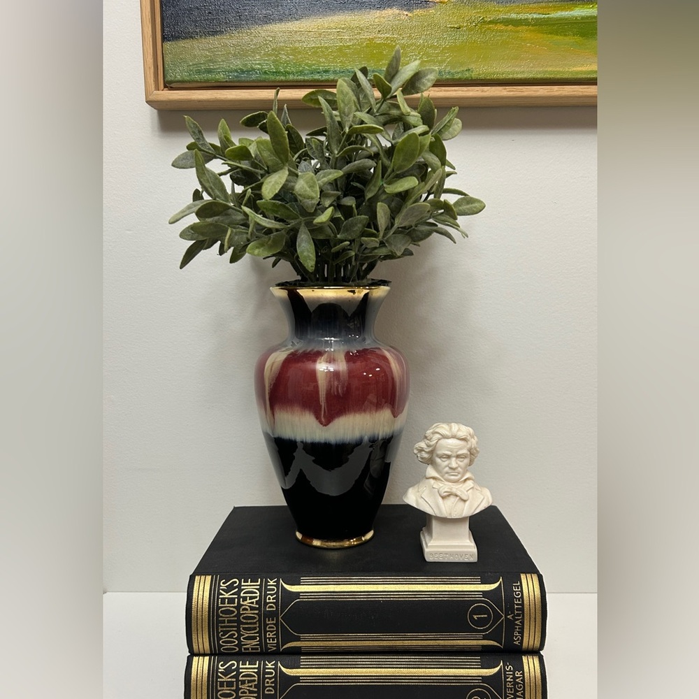 German Black and Red Glazed Ceramic Vase with Gold Accents / Art / High Gloss